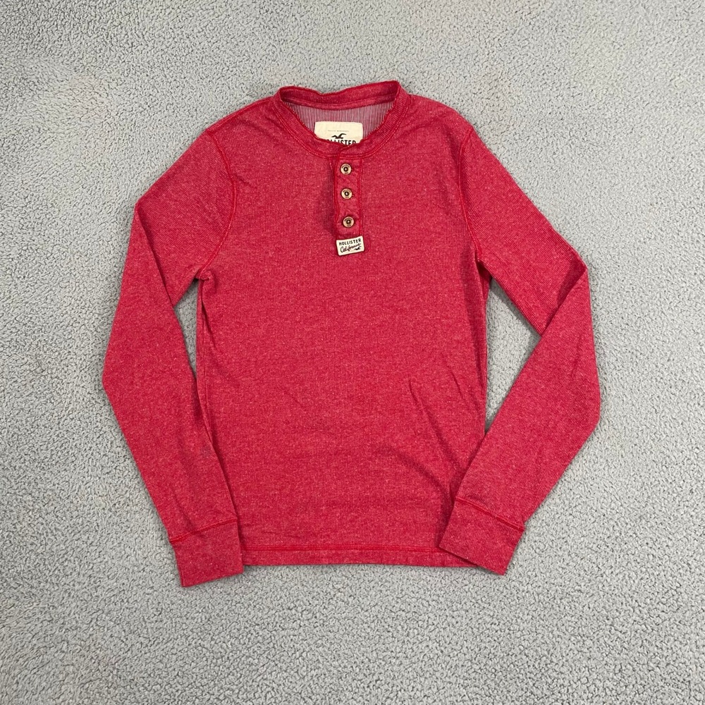 Hollister Waffle Knit Henley Shirt Men M Red Y2K Skater Thermal Long Sleeve